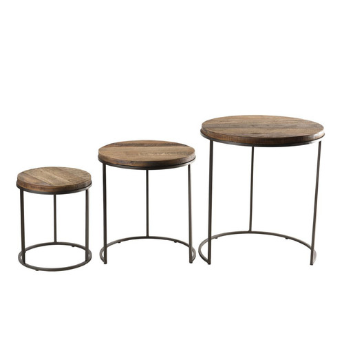 Set de 3 tables d'appoint gigogne bois de Teck recyclé et métal - SIANA - Macabane - Salon industriel