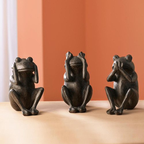 Set de 3 statuettes grenouilles de la sagesse en résine KERMIT noir - becquet - Statue resine design