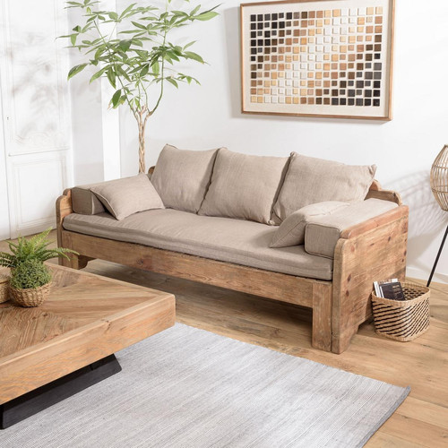 Canapé-lit bois Pin recyclé 3 places avec coussins SANDY - Macabane - Salon industriel