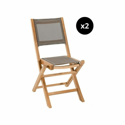 Ensemble de 2 chaises de jardin pliantes en bois Teck et textilène couleur taupe - Macabane - Macabane jardin meuble deco