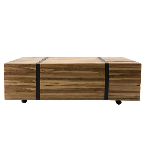 Table basse 110x70cm avec roulettes bois Teck recyclé cerclée métal ZIBO Macabane  - Table d appoint design