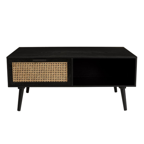 Table basse noire 2 tiroirs cannage 1 niche - MIGUEL - Macabane - Tables basses scandinaves