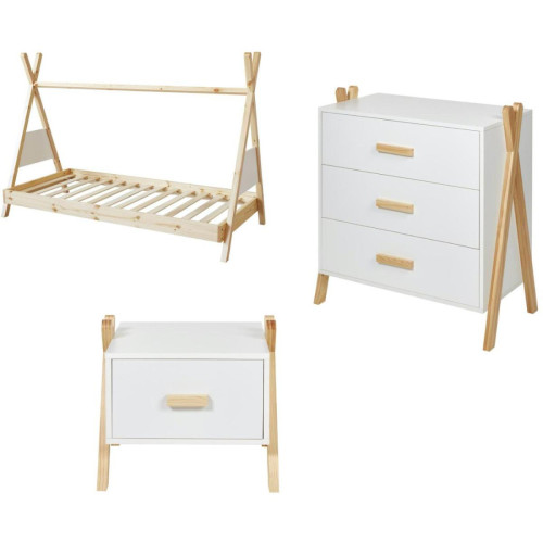 Ensemble chambre complète 1 lit 1 chevet 1 commode en bois pin fintion peinture AMAROK Beige et Blanc  - 3S. x Home - Lit blanc design