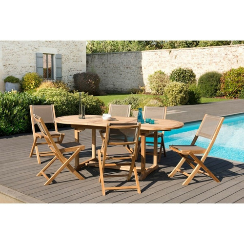 SALON DE JARDIN EN BOIS TECK 6/8 pers - Ensemble de jardin - 1 Table ovale extensible 150*200/90 cm et 6 chaises textilène