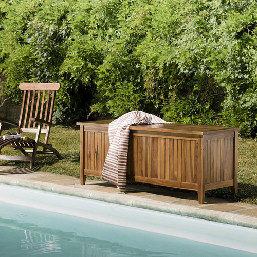 Coffre de jardin piscine HANNA en bois teck huilé 165x55cm - Macabane - Meuble de jardin design