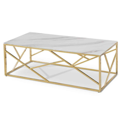 Table Basse OPERA Verre Effet Marbre Et Pieds Or - 3S. x Home - Table basse blanche design