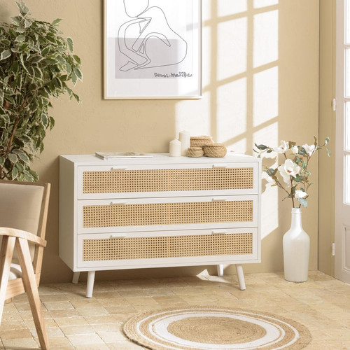 Commode blanche 3 tiroirs cannage naturel SANDRO - Macabane - Commode blanche design