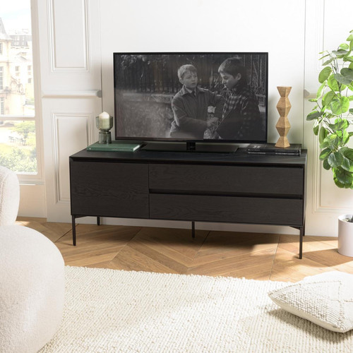 Meuble TV noir 1 porte 2 tiroirs pieds métal noir MAXENDRE - Macabane - Meuble tv noir design